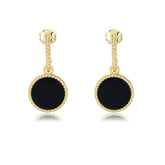 Round Black Agate Silver Drop Earrings for Women